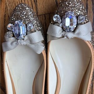 Miu Miu Gold Glitter Flats with Bow and Gemstone